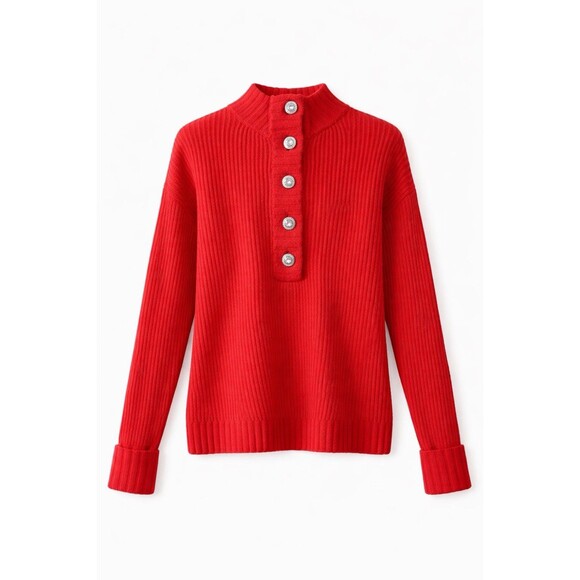 Talbots Sweaters - Talbots Red Ribbed Knit Sweater Jeweled Button Mock Neck Long Sleeve Size XS